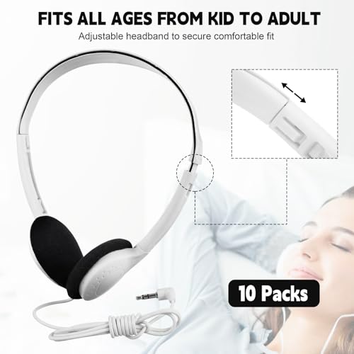 Konohan 30 Pack Headphones Bulk Headphone for School Classroom Student Wired Headphones Adjustable with 3.5 mm Jack for Adults (White) - color: White
