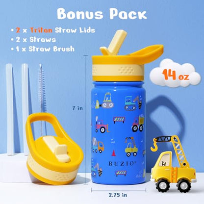BUZIO 14 oz Kids Water Bottle with Straw Lid, Vacuum Insulated Stainless Steel Metal Thermo Bottles for Toddlers Girls Boys Leak Proof BPA-Free & Lead-Free Flask for School, Blue Construction Car - color: Blue Car