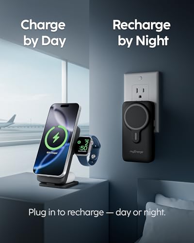 myCharge EcoHub 3-in-1 Magnetic Wireless Charger & Battery Pack for iPhone, iWatch, AirPods - 6,000mAh Battery | Built-in Wall Plug | 15W Magsafe Wireless Output | Foldable | Charging Station | Black - color: Black