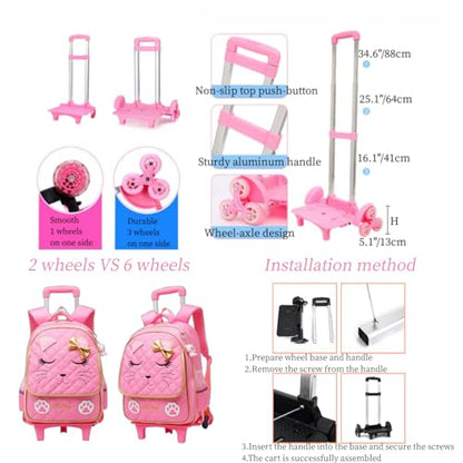 MITOWERMI Cute Rolling Backpack for Girls Trolley School Bags Cat-face Bowknot Girls Roller Backpacks with Wheels Kids Carry-on Travel Luggage Pink-2 Wheels