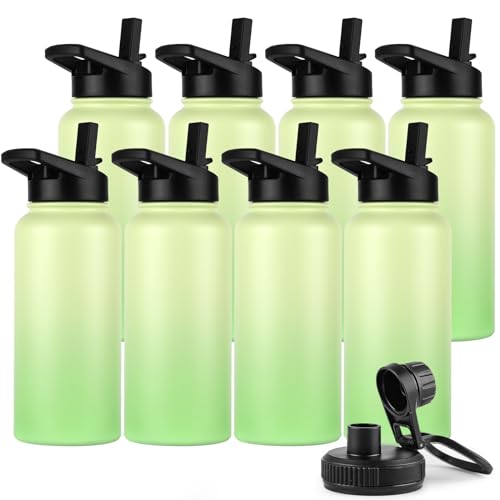 DOMICARE 32 oz Insulated Water Bottle Bulk, Vacuum Insulated Stainless Steel Sports Water Bottle with Straw Lid & Spout Lid, Leakproof, Reusable - Travel, Camping, Bike, Green Gradient (8 Pack) - color: Green Gradient, size: 32oz/8 Pack