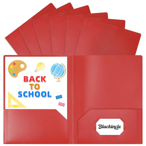 6 Pack Folders with Pockets Red 2 Pocket Plastic Folder for School | File Folder for Documents Letter Size with Business Card Slot Back to School Office Teacher Supplies - color: Red