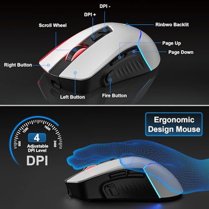 BlueFinger Wireless Gaming Keyboard and Mouse Combo, RGB Rainbow Backlit Rechargeable Battery, 87 Keys TKL Light Up Keyboard with Ergonomic Gaming Mouse for Mac Laptop Computer PC Gamer(Black & White) - color: Black & White