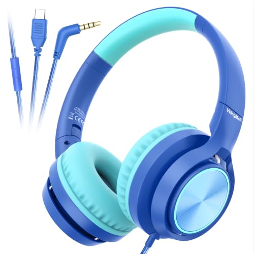 Kids Headphones for School Travel, Upgrade USB Type C Safe Volume 94dB, with Mic HD Stereo Sound Foldable On-Ear Headphones for Boys/Girls/Students/Tablet/Travel Blue - color: Blue