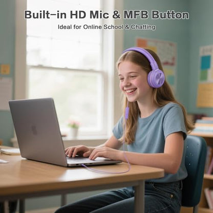 SIMOLIO Manyshare Series- Wired Headphones for Kids, Girls School Headphone with Microphone & Share Port & Volume Limit, Foldable Durable Over Ear Headsets for Tablet Travel Airplane Teens (Purple) - color: Medium Purple