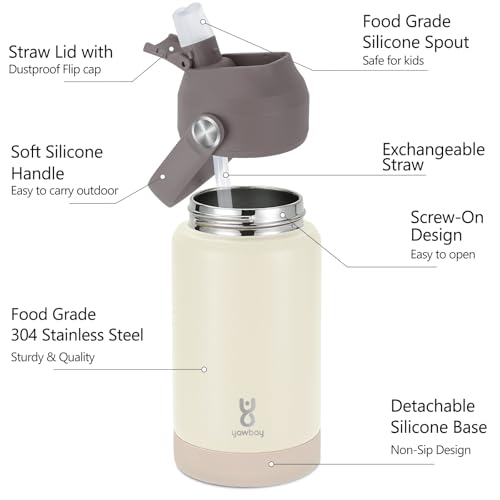 Kids Insulated Water Bottle with Straw Lid & Silicone Handle,12oz Kids Leak Proof Water Bottle for School Boys Girls,Double Wall Vacuum Stainless Steel with Non-slip Silicone Base(Beige) - color: Beige, size: 12 Ounces