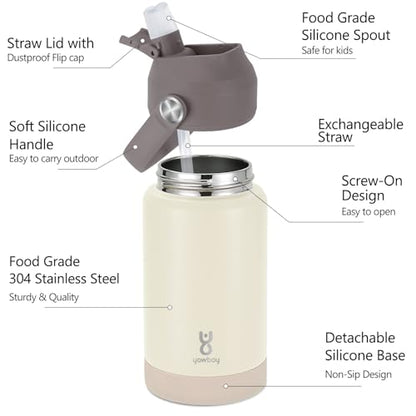 Kids Insulated Water Bottle with Straw Lid & Silicone Handle,12oz Kids Leak Proof Water Bottle for School Boys Girls,Double Wall Vacuum Stainless Steel with Non-slip Silicone Base(Beige) - color: Beige, size: 12 Ounces
