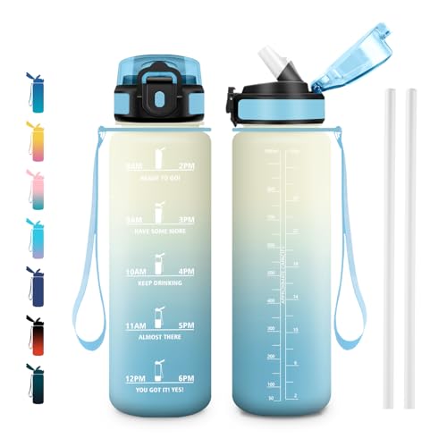 Water Bottle 1L Motivational Water Bottle with Straw for Sports, School, Gym, Hiking, Biking, Outdoor - color: White + Light Blue, size: 33.8 Ounces