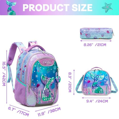 Backpack for Girls Elementary Preschool Kids Lunch Box for School - color: Mermaid Purple