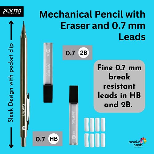 BRUSTRO Mechanical Pencil Metal with Eraser 0.7mm Writing/Sketching/Drawing Spare leads HB-20 units. 2B-20 units Spare eraser- 8 units