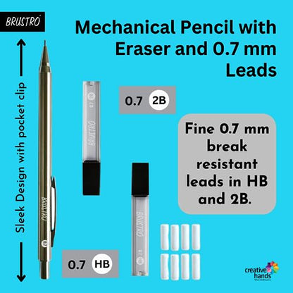 BRUSTRO Mechanical Pencil Metal with Eraser 0.7mm Writing/Sketching/Drawing Spare leads HB-20 units. 2B-20 units Spare eraser- 8 units