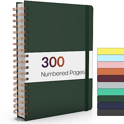 Forvencer A4 Lined Spiral Journal Notebook with 300 Numbered Pages, 11" X 8.5" Thick Journals for Writing with 100GSM Paper, Hardcover Notebooks with Contents for Work, School, Dark Green | Thick Journals for Writing with 100GSM Paper, Hardcover Notebooks