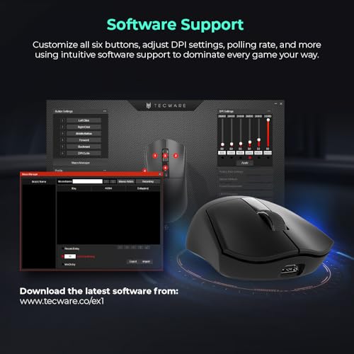 TECWARE EX1 Lightweight Gaming Mouse | 26K DPI Wireless Mouse with OLED Display | 59g Ultra-Light Design | RGB Charging Dock | Tri-Mode Connectivity 2.4GHz/Bluetooth/Wired with Grip Tape | Black - color: Black