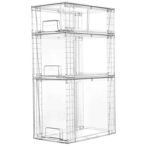 Vtopmart 3 Pack Clear Stackable Storage Drawers,Easy to Assemble Bathroom Organizers and Storage with handles,Plastic Drawers for Kitchen Pantry,Cabinet,Under Sink Organization | Tall BPA-free PET drawers with stackable design for bathroom undersink, toil
