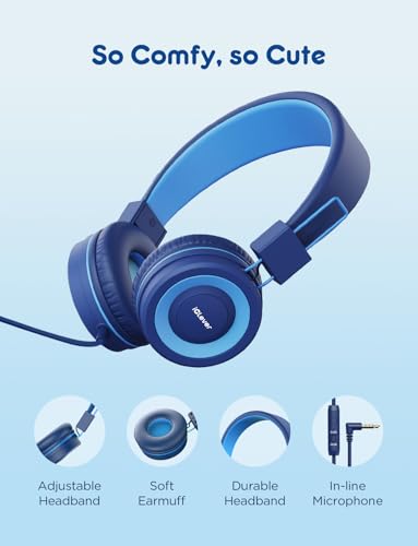 iClever HS14 Kids Wired Headphones, Light Blue, 85dB Volume Limiter, Stereo Sound, Built-in Mic, 3.5mm Audio Jack Compatible, 6.1 Ounces - color: Light Blue