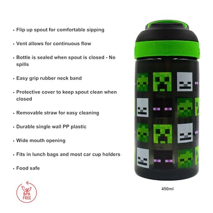 Minecraft Atlantic All Mob Heads Drinks Bottle | Eco Freindly BPA-free Plastic School Water Bottle with Removable straw, spills Proof | fan | Officially Merch 450ML