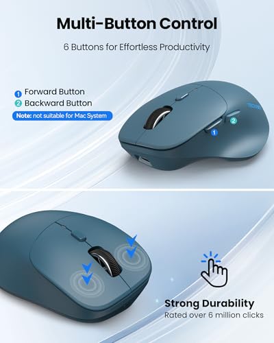 TECKNET Wireless Mouse Bluetooth 5.0/3.0 & 2.4G Rechargeable, Silent Clicks, Adjustable 4800 DPI, 6 Buttons, Ergonomic Design, Bluetooth Mouse for Laptop, Computer, ipad - Blue - color: Blue
