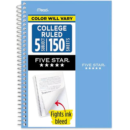 Five Star Small Spiral Notebook, 5 Subject, College Ruled Paper, 180 Sheets, 9-1/2" x 6", Color Will Vary, 1 Count (06184)