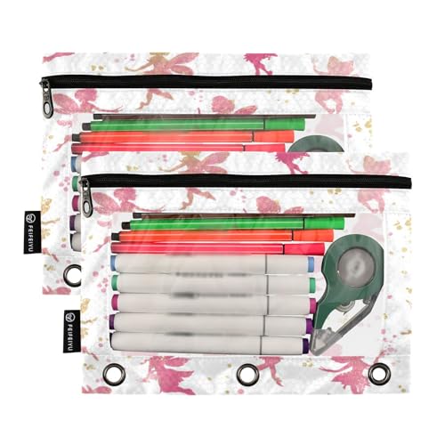 2 Pack Pencil Pouches for 3 Ring Binder Cute Fairy Silhouettes Zipper Pencil Case Bags with Clear Window for Classroom School Office Supplies - color: Cute Fairy
