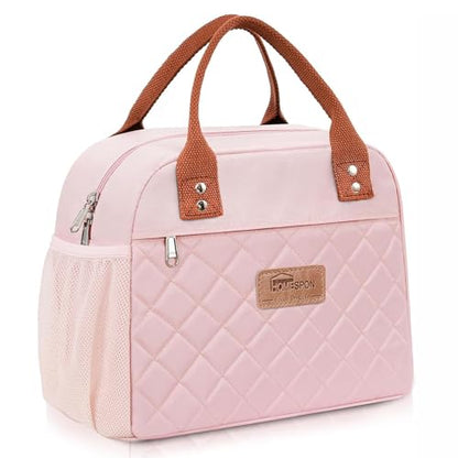 HOMESPON Insulated Lunch Bag for Women Men, Cooler Tote Box, Pink | Front Pocket, Side Mesh Pockets, Reusable, for Work, Picnic, Food Container - color: Pink