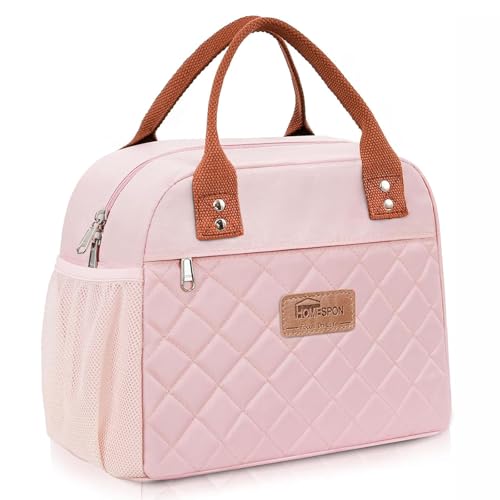 HOMESPON Insulated Lunch Bag for Women Men, Cooler Tote Box, Pink | Front Pocket, Side Mesh Pockets, Reusable, for Work, Picnic, Food Container - color: Pink