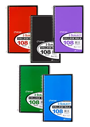 Top Flight Standards 3-Subject Wirebound Notebook, 108 Sheets, College Rule, 9.5 x 6 Inches, 1 Notebook, Cover Color May Vary (33601)