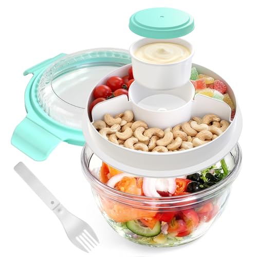 WHALEHOUSE Clear Eco-friendly SK chemicals ECOZEN Salad Container, 33OZ Portable Plastic Salad Bowls with Lid & Snack Tray, Leak-Proof Dressing Container, Fork, Lunch Box for Meal Prep (Green) - color: Green