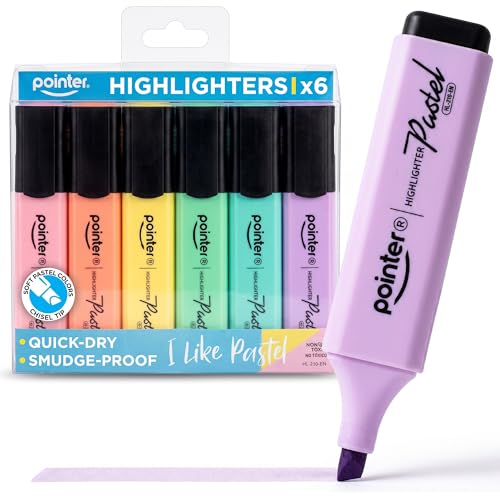 Pointer Highlighters – Soft Colors With Chisel Tip Quick-Dry Smudge-Proof Paper-Safe Pastel Multicolor Pens for School, Office Notes, Journals, And Planning Homework Creative Projects – Set of 6 - color: Pastel- 6 Colors