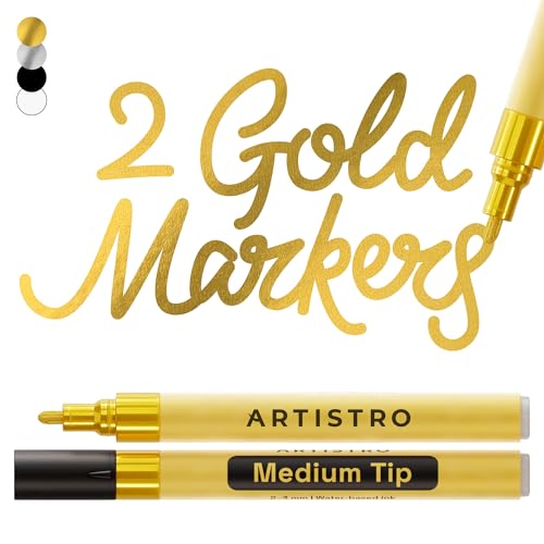 ARTISTRO 2 Gold Acrylic Paint Markers - 3mm Medium-Tip Paint Pens - Perfect for Crafting, Art Projects, & More - color: Gold, style: Medium