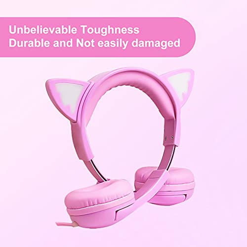Olyre Kids Cat Ear Headphones, Girls Wired Headset, Audio Sharing Jack, Mic | LED Light-Up kitty headphones; Fun design; Volume limited; Tangle-Free cord; Toddlers, preschools, airplane, classroom - color: All-Pink