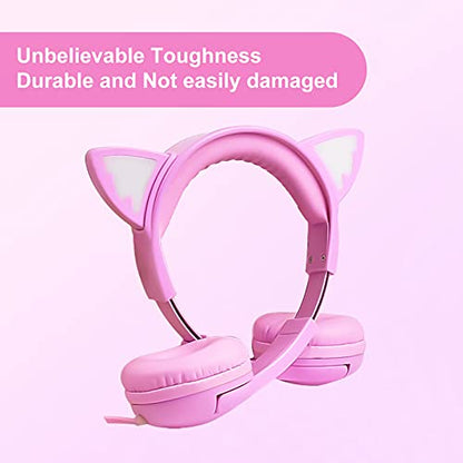 Olyre Kids Cat Ear Headphones, Girls Wired Headset, Audio Sharing Jack, Mic | LED Light-Up kitty headphones; Fun design; Volume limited; Tangle-Free cord; Toddlers, preschools, airplane, classroom - color: All-Pink