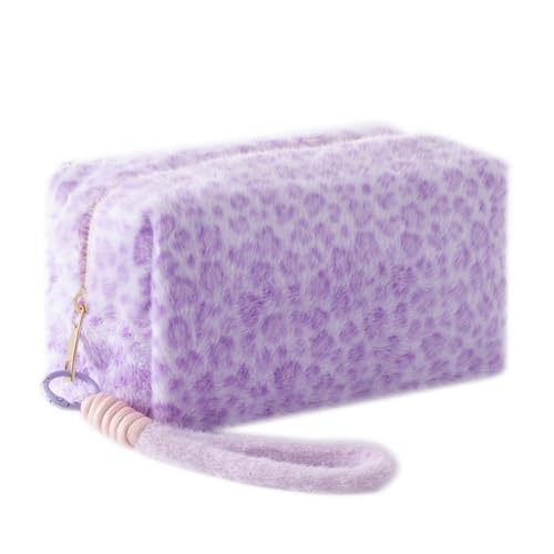 Leopard Print Plush Pencil Case with Wrist Strap Large Capacity Fluffy Pen Pouch for Students Cute Stationery Organizer Bag for School Portable Makeup Cosmetic Bag (Purple) - color: Purple