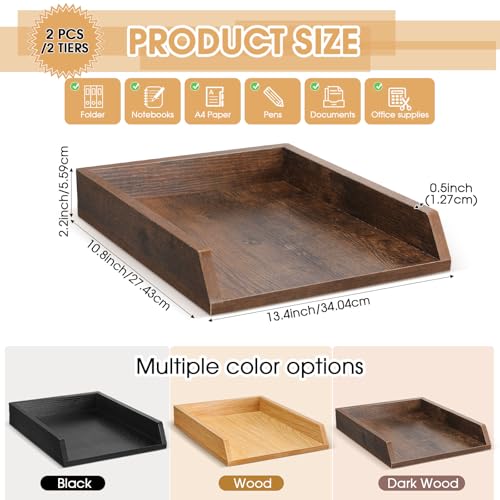 DoubleFill 2 Pcs Wooden Letter Trays 2 Tier Desktop Paper Organizer Wood Letter-Size Desk Document Tray Heavy Duty Stackable Paper Drawer Holder File Folder Back to School Office Home (Dark Wood) - color: Dark Wood