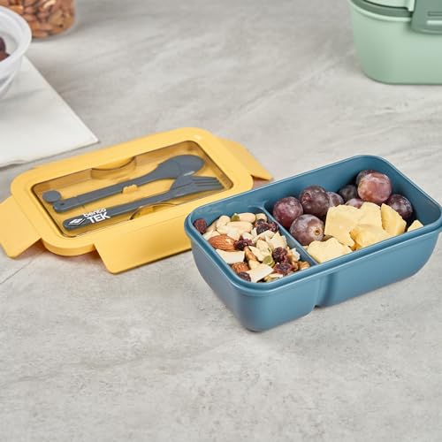 Restaurantware-Bento Tek 28.7 Ounce Bento Boxes, 10 Reusable Lunch Containers - With Fork And Spoon, Does Not Contain BPA, Blue And Yellow Plastic Reusable Lunch Boxes, Microwavable, Dishwashable - size: 10 Count, style: 29 oz - Blue