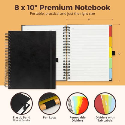 Hardcover Leather Lined Spiral Notebook 8x10" with Removable Dividers - Black - 300 Pages 5 Subject College Ruled Notebook for Work with Tabs, Pockets, and Pen Loop for Note Taking, Large Journal - color: Black
