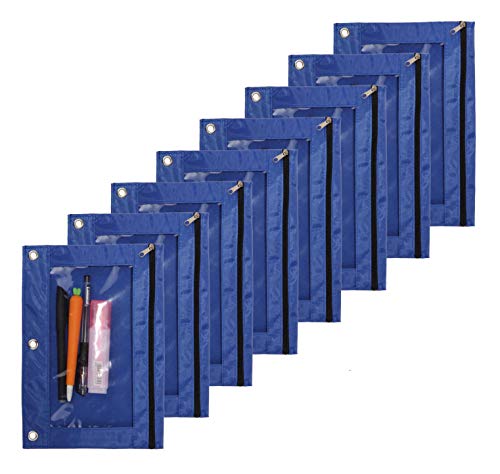 Zippered Binder Pen Pencil Pouch | 3 Rings with Clear Window for School Classroom Organizers 8 Pcs (blue) - color: Blue