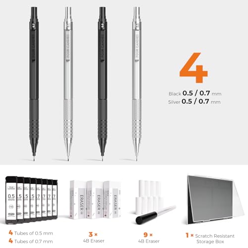 Four Candies 4PCS Metal Drafting Mechanical Pencil Set, 0.5mm & 0.7mm Point | 480 Lead Refills, 3 Erasers, 9 Eraser Refills, Storage Case, Smooth Writing, for Sketching, Technical Drawing, Art Projects - color: Silver+Black (4PCS)