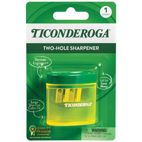 Ticonderoga Two-Hole Manual Pencil Sharpener for Standard and Beginner Pencils, Yellow/Green, 2" x 2" x 1.25", German-Engineered, 1 Count - style: 2-Hole
