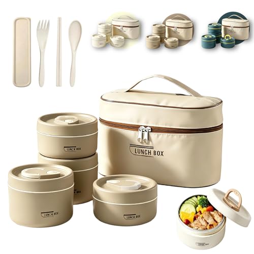 4 Tier Portable Insulated Lunch Container Set, Stackable Bento Box with Thermal Lunch Bag, Microwaveable Hot Food Container for Adults, Leakproof Thermal Food Container for Picnic, Work & Travel - color: Brown, size: 4 Tier