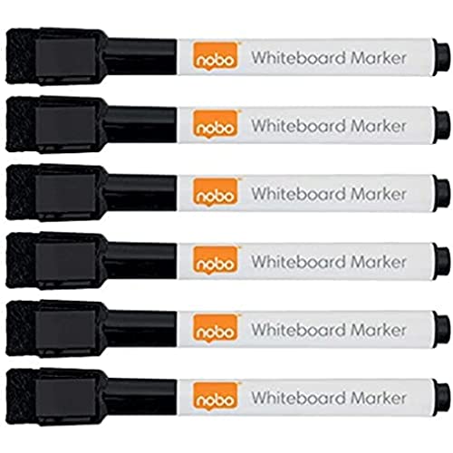 Nobo Mini Whiteboard Pens With Magnetic Eraser Cap, 2mm Fine Tip, Pack Of 6, Dry Wipe/Erase, Low Odour, Black, 2104184