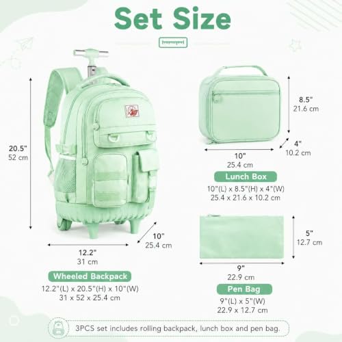 CCJPX Rolling Backpack for Girls Women, 21 inch Roller Wheels School Bookbag, Wheeled Suitcase Backpacks with Lunch Bag for Teen - Green - color: Green