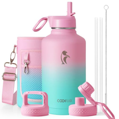Water Bottle Insulated 64 oz with Straw & 3 Lids, Coolflask Half Gallon Water Jug Large Metal Stainless Steel Wide Mouth, Non-BPA Keep Cold 48H Hot 24H, Bubblegum Princess - color: Bubblegum Princess, size: 64 Ounces