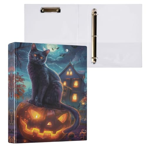Halloween Cat Pumpkin Hard Cover Ring Binder 1.5 Inch 3 Ring, Printed Ring Binder with Metal Non-Slip Clip Clear Pocket Water Resistant Round Ring Binders for Recipe Budget Office - color: Halloween Cat Pumpkin