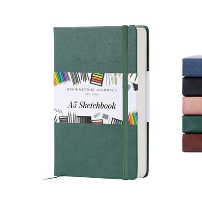 BROWNSTONE JOURNALS A5 Sketch Book Hardcover - 80 Sheets 100 GSM Paper 5"x8", Lay Flat, Vegan Leather Cover, Elastic Band, Back Pocket, Art Drawing Book (Dartmouth Green) - color: Dartmouth Green, size: A5 (5" x 8")