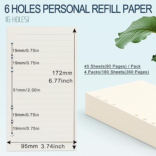 A6 Refill Paper, [4 Pack] Toplive 100GSM Thick Refillable Paper 6 Hole Filler Inserts Loose Leaf Paper 180 Sheets (360 Pages) for 6 Ring Binder Journal Notebook-Lined Paper - style: Line 4 Pack