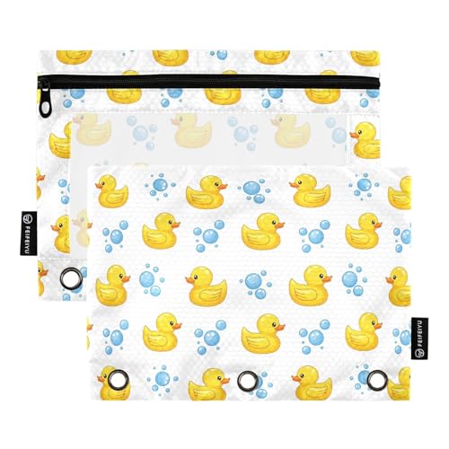 Yellow Duck White Pencil Pouch for 3 Ring Binder 2 Pcs Binder Pouches with Zipper Pocket Pencil Case Bag with Clear Window for Office Work School Supplies - color: Yellow Duck White