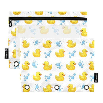 Yellow Duck White Pencil Pouch for 3 Ring Binder 2 Pcs Binder Pouches with Zipper Pocket Pencil Case Bag with Clear Window for Office Work School Supplies - color: Yellow Duck White
