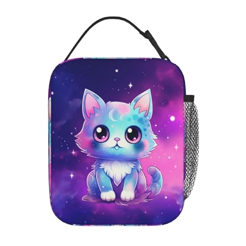 Galaxy Cute Cat Printed Insulated Lunch Box Portable Purple Lunch Bag with Detachable Handle,Reusable Lunchbox for Girls Boys Adults - color: Galaxy Cat