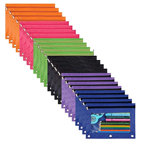 24-Packs 3 Ring Pencil Pouch, Binder Pouches with 3 Hole, Bulk Zipper Pencil Case Suitable for Class, School, Office(6 Colors) - color: Color Mixing