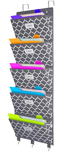 homyfort Over the Door File Organizer, Hanging File Folders, Wall Organizers and Storage for Mail, Magazine, Notebooks, Planners, Office, Classroom, 5 Extra Large Pockets (Grey Lantern Pattern) - color: Grey Lantern Pattern